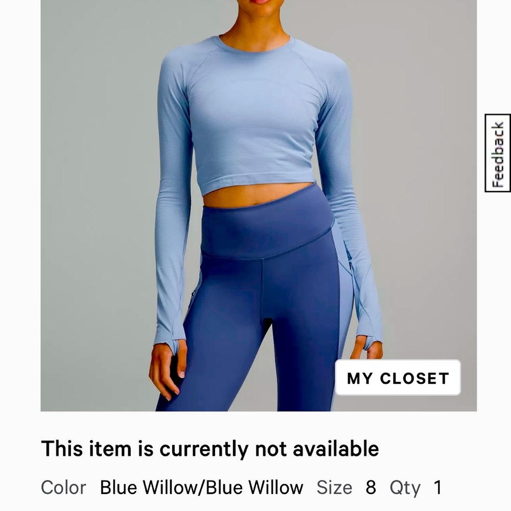 Lululemon Top Swiftly Tech Cropped Long Sleeve 2.0, blue Willow, color, size  8